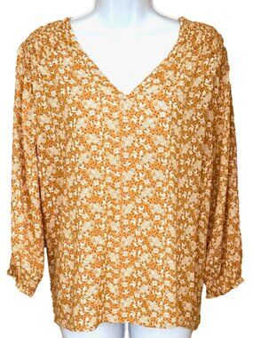 Cynthia Rowley Yellow Boho Floral Long Sleeve V-Neck Blouse Top Cottagecore XL